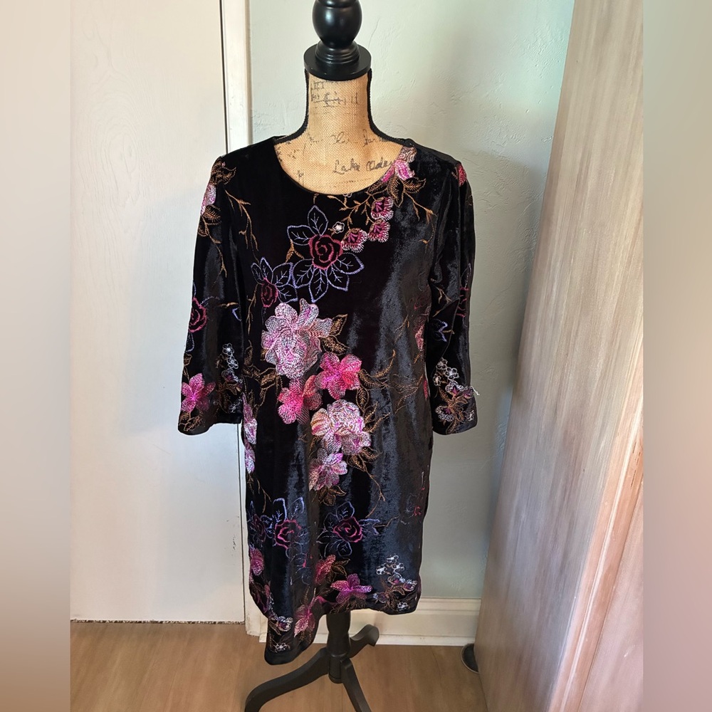 Velvet Floral Embroidered Shift Dress 3/4 Sleeve Black Boho Y2K Gilmore 8